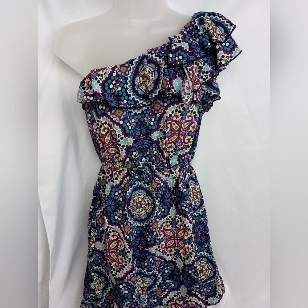 Xhilaration M Colorful Artsy Barbiecore ruffle Blue and Purple Dress